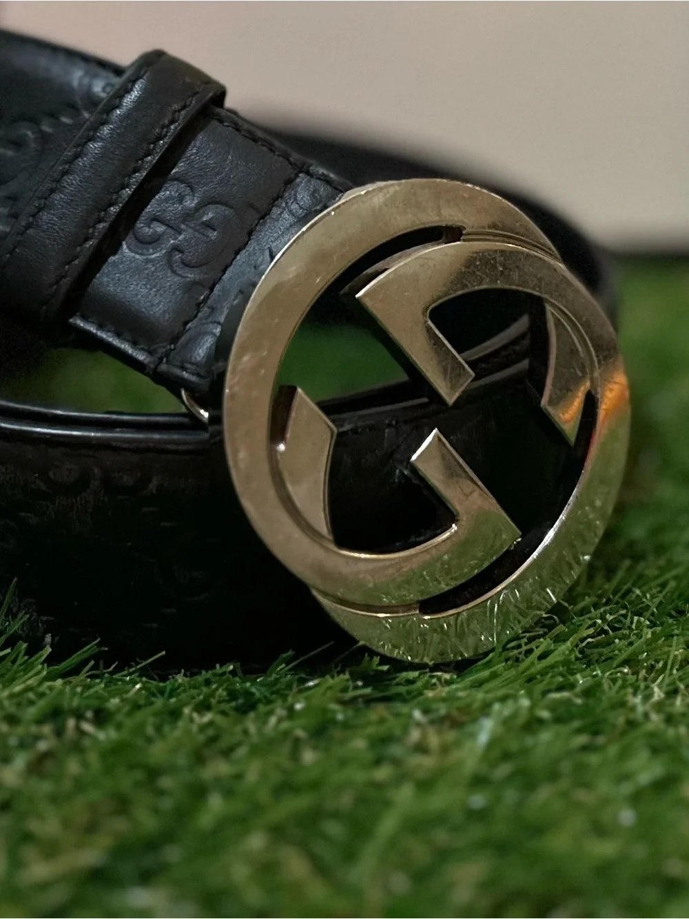 Gucci Guccissima Interlocking G Black Leather Belt size 105(36-38) Silver Buckle